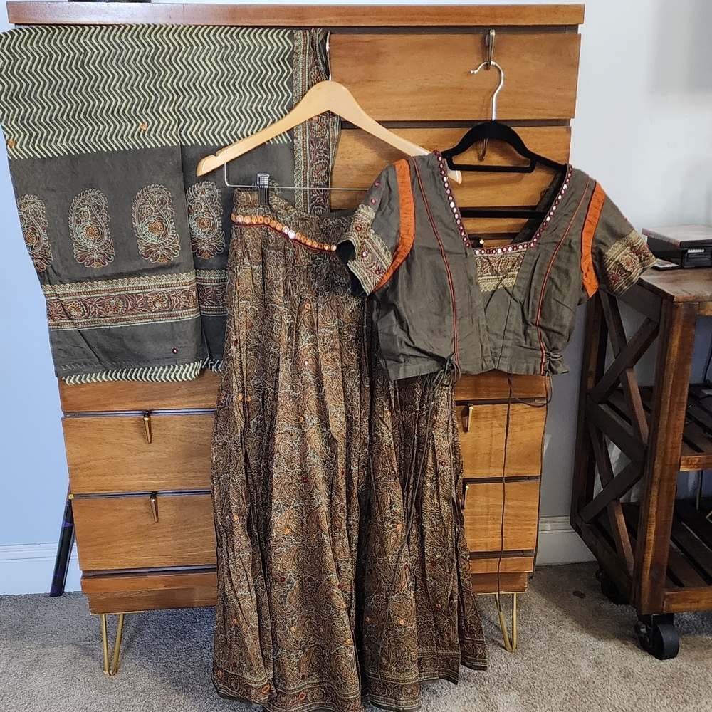 Olive green Chaniya chori Indian outfit cotton garba